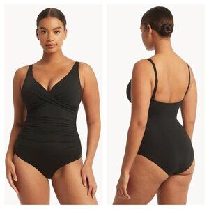 Sea Level Plains Cross Front Ruched One Piece Swimsuit Tummy Control in Black 6